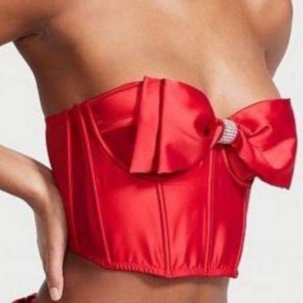 Victoria’s Secret (NWT) red sexy large bow w/ rhinestone bling corset bustier
